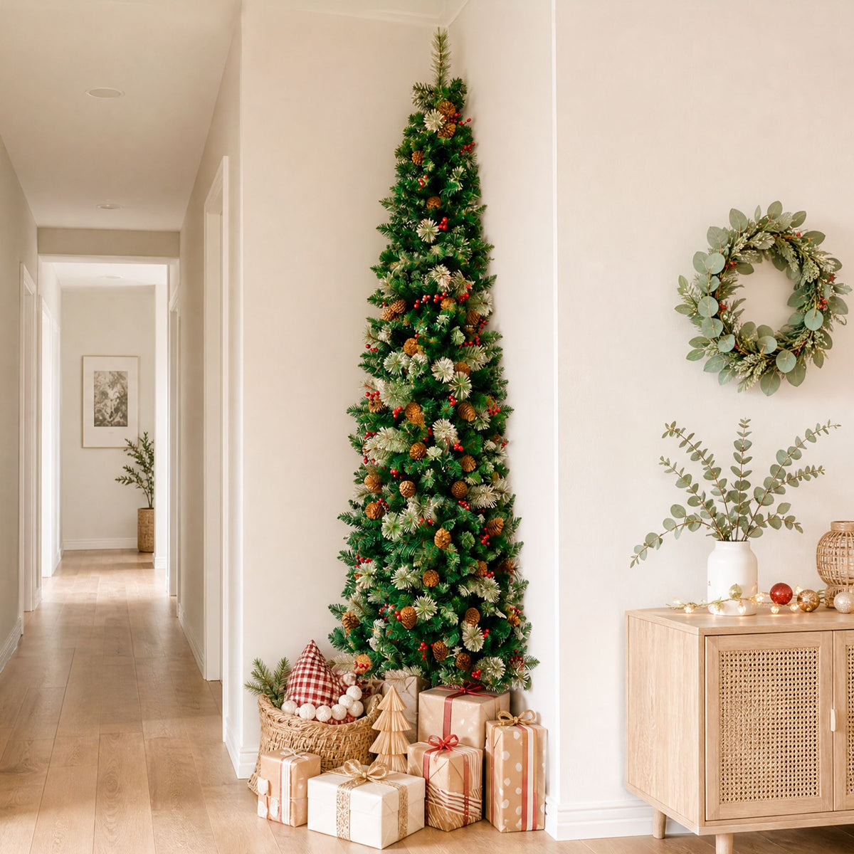 7FT Half Christmas Tree with Red Berries & Pine Cones