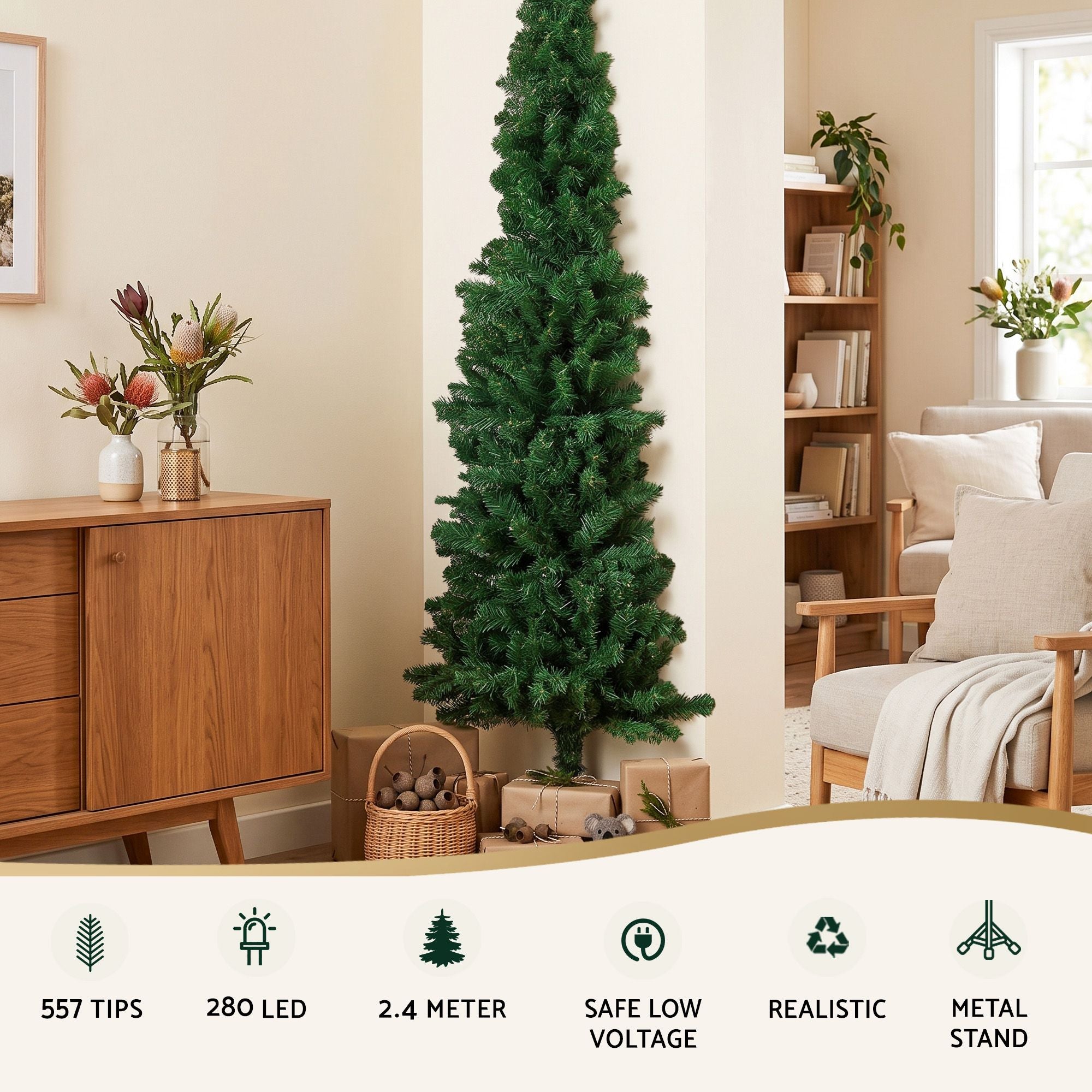 8FT Pre-Lit Half Christmas Tree with 280 Warm White LED