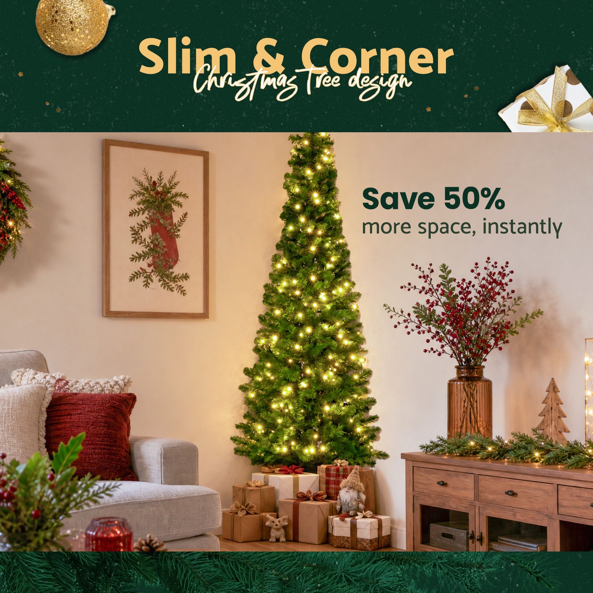 8FT Pre-Lit Half Christmas Tree with 280 Warm White LED