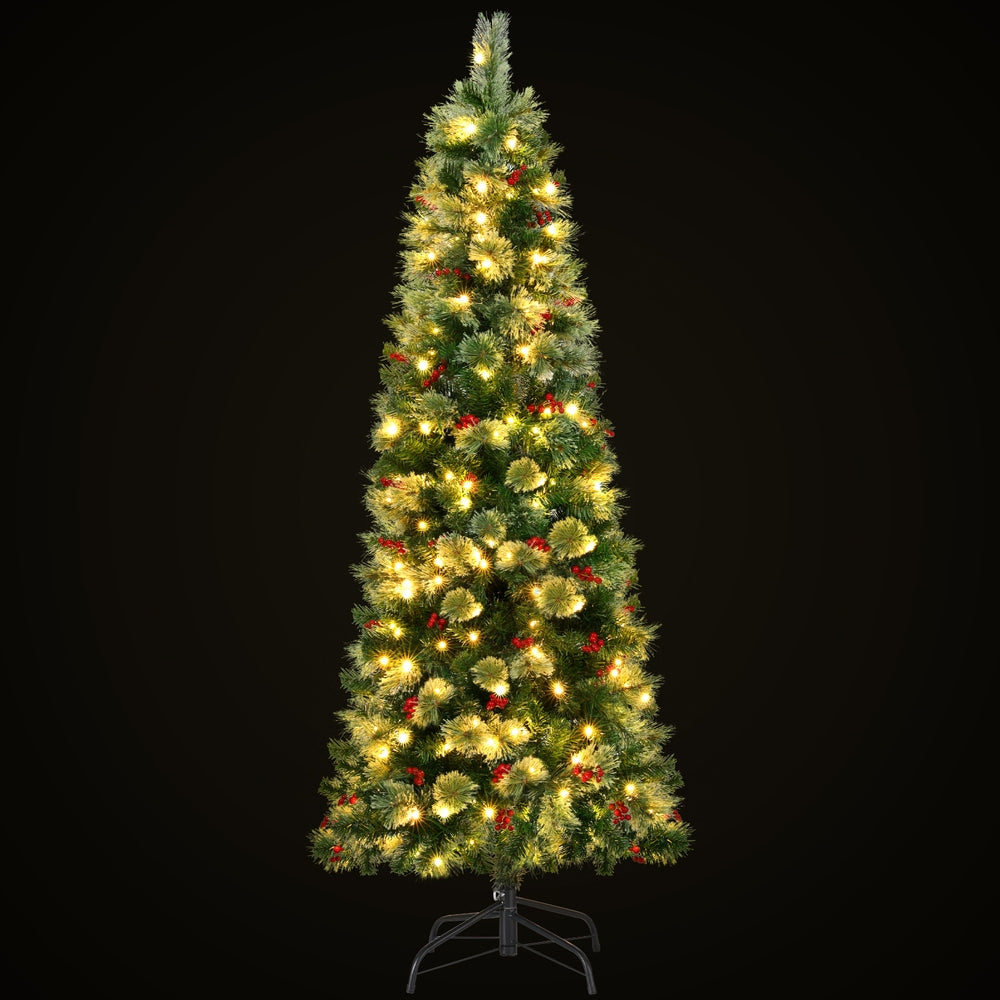 6FT Slim Pre-Lit Christmas Tree with 200 Warm White LEDs & Red Berries