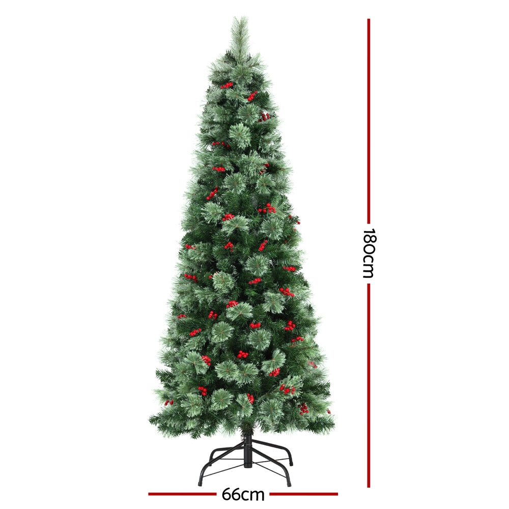 6FT Slim Pre-Lit Christmas Tree with 200 Warm White LEDs & Red Berries