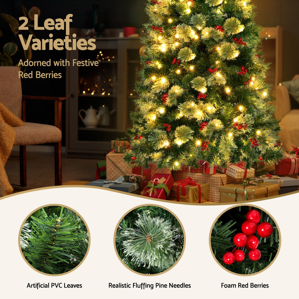 6FT Slim Pre-Lit Christmas Tree with 200 Warm White LEDs & Red Berries