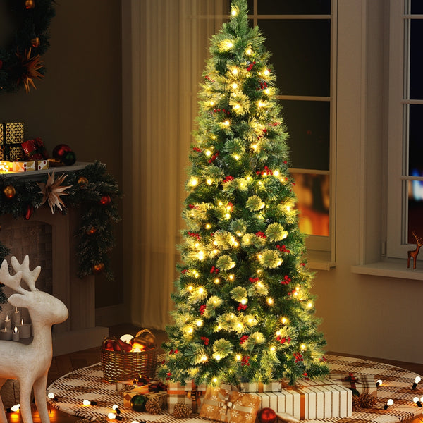 6FT Slim Red Berry Christmas Tree – 556 Tips, 200 Warm White LED Lights
