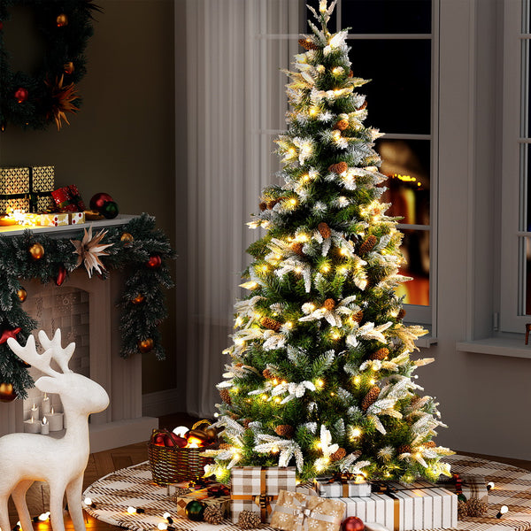 6FT Snow-Flocked Pine Cone Christmas Tree – 680 Tips, 280 Warm White LED Lights