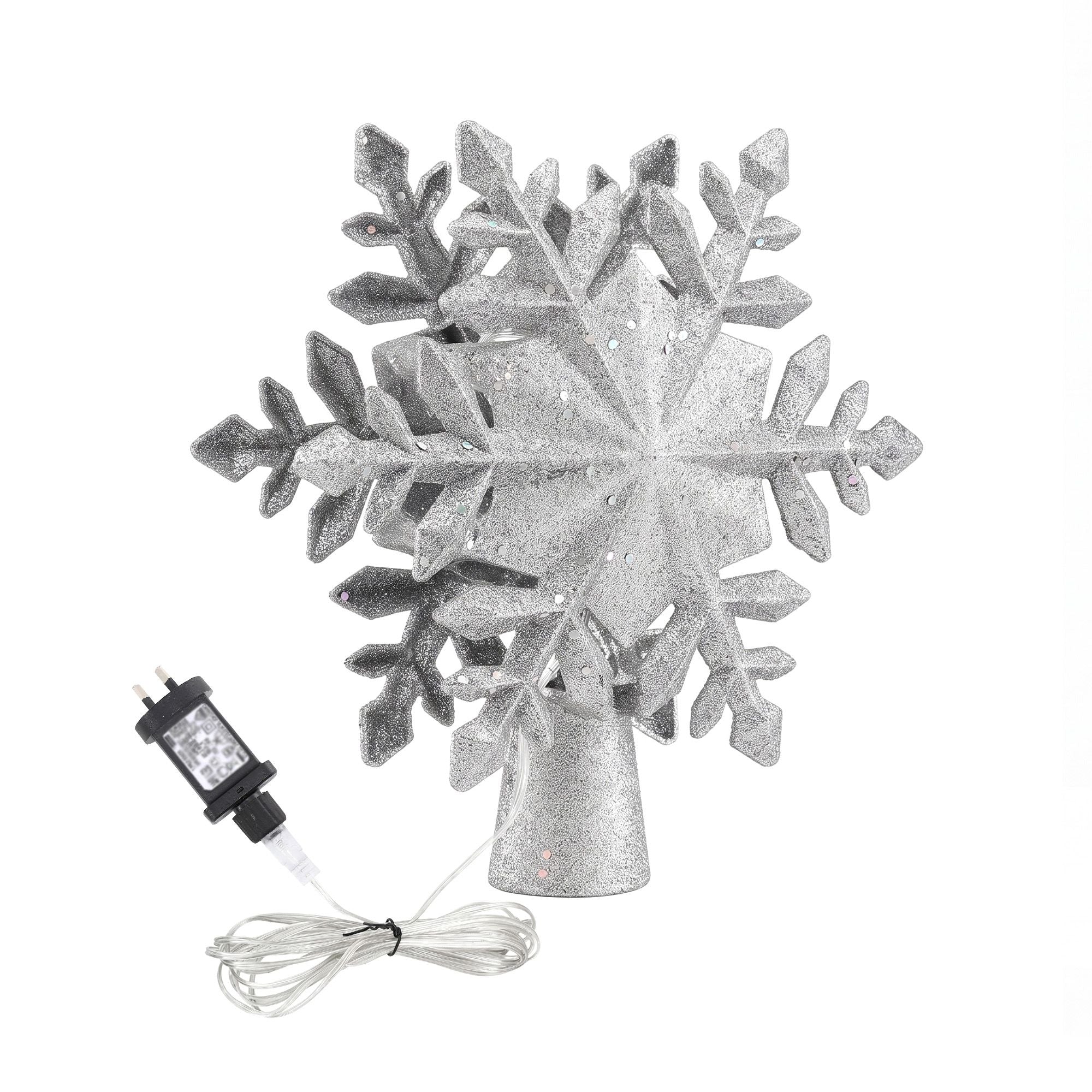 23.4CM Silver Snowflake Christmas Tree Topper with 360° Rotating Projector