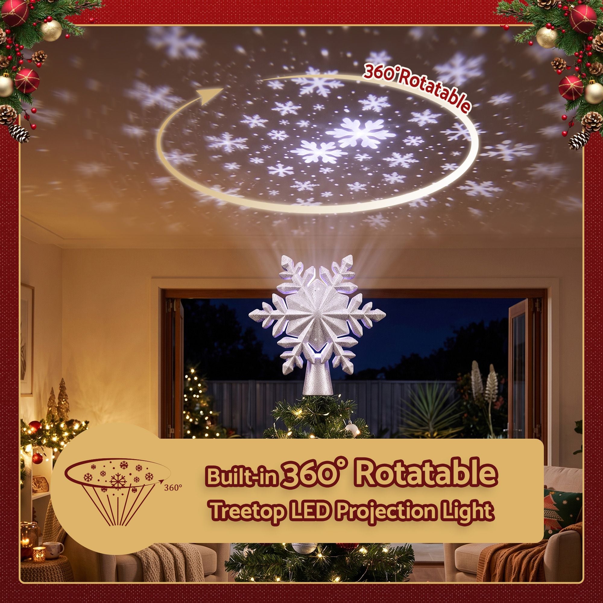 23.4CM Silver Snowflake Christmas Tree Topper with 360° Rotating Projector