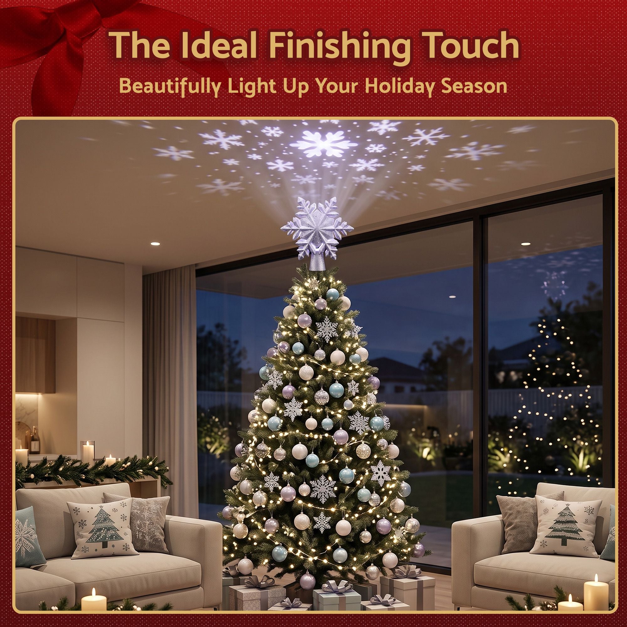23.4CM Silver Snowflake Christmas Tree Topper with 360° Rotating Projector