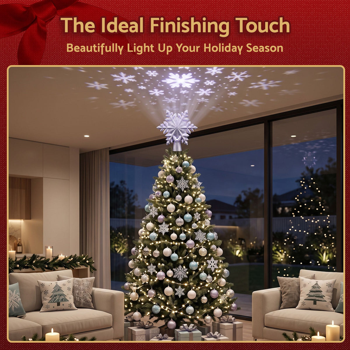 23.4CM Silver Snowflake Christmas Tree Topper with 360° Rotating Projector
