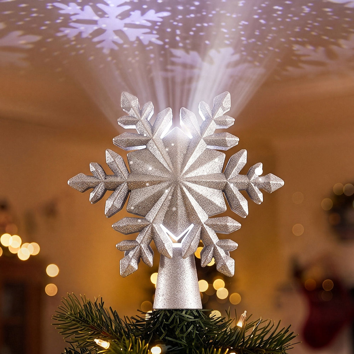 23.4CM Silver Snowflake Christmas Tree Topper with 360° Rotating Projector