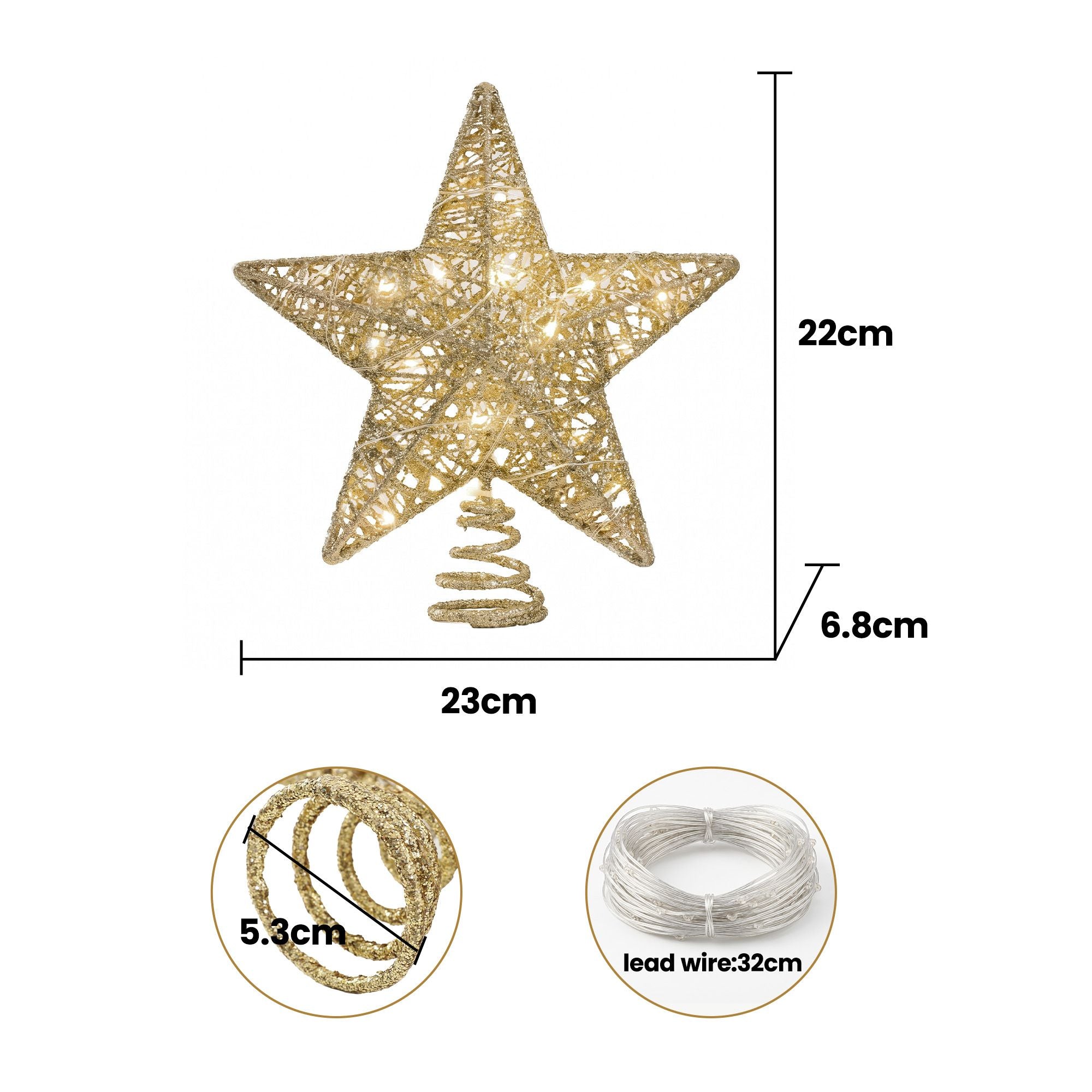 23CM 3D Gold Christmas Tree Topper Star with 20 LED