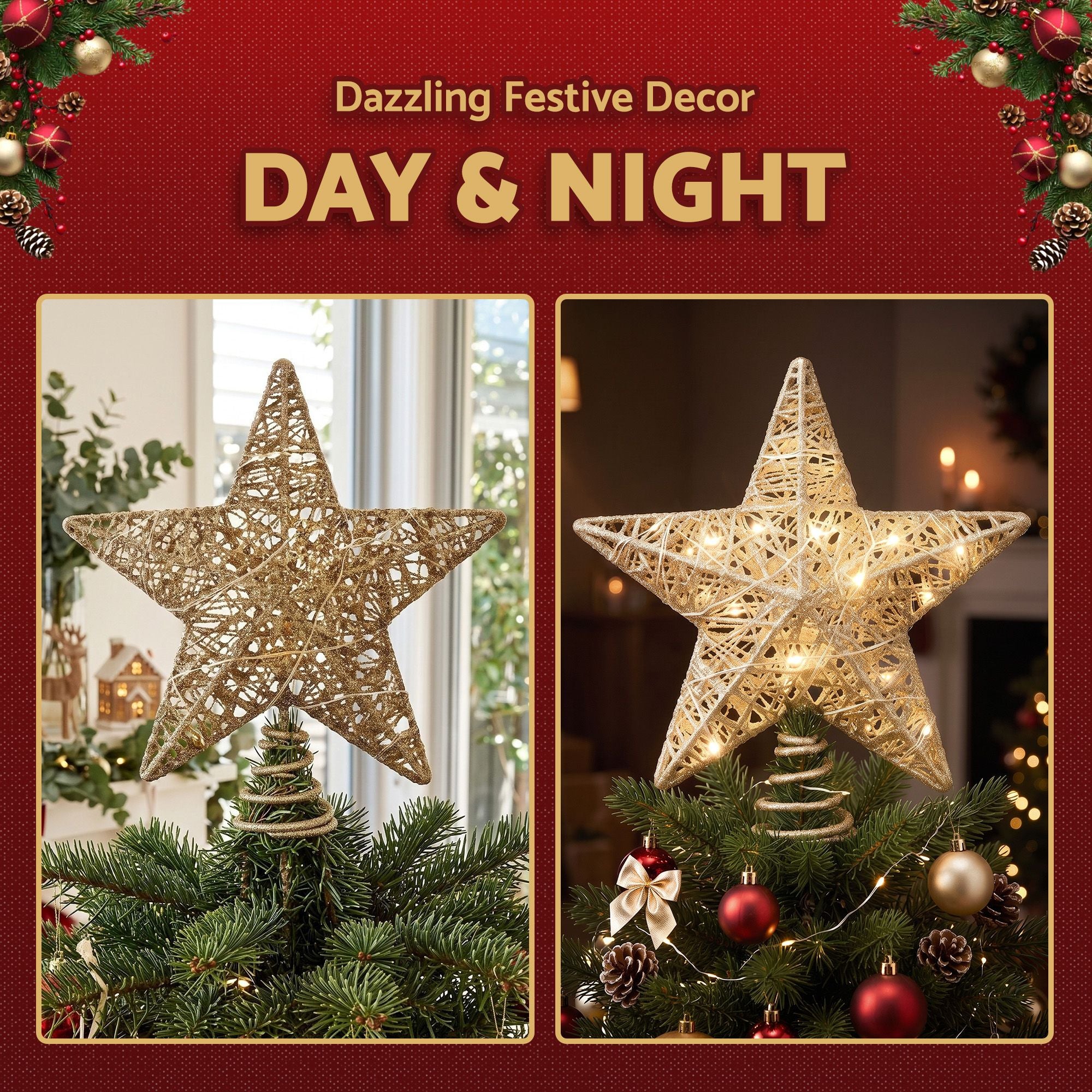 23CM 3D Gold Christmas Tree Topper Star with 20 LED