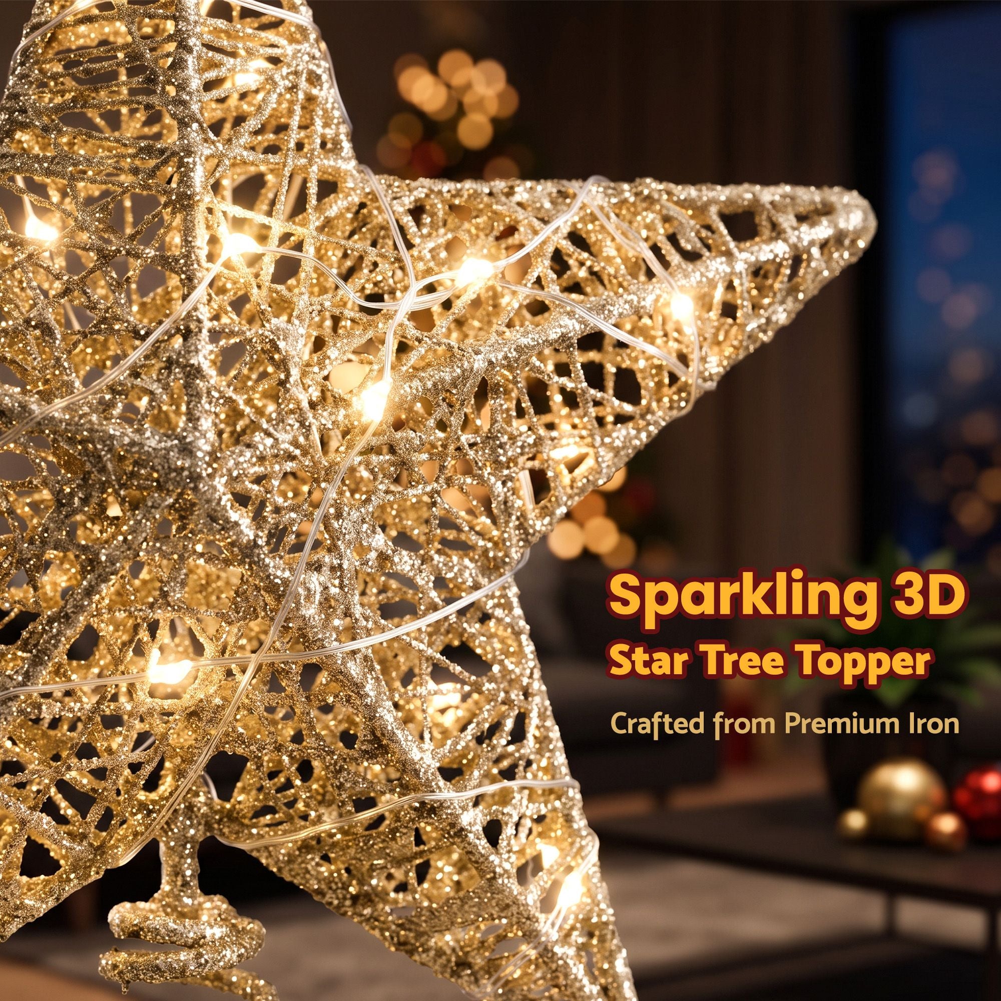 23CM 3D Gold Christmas Tree Topper Star with 20 LED