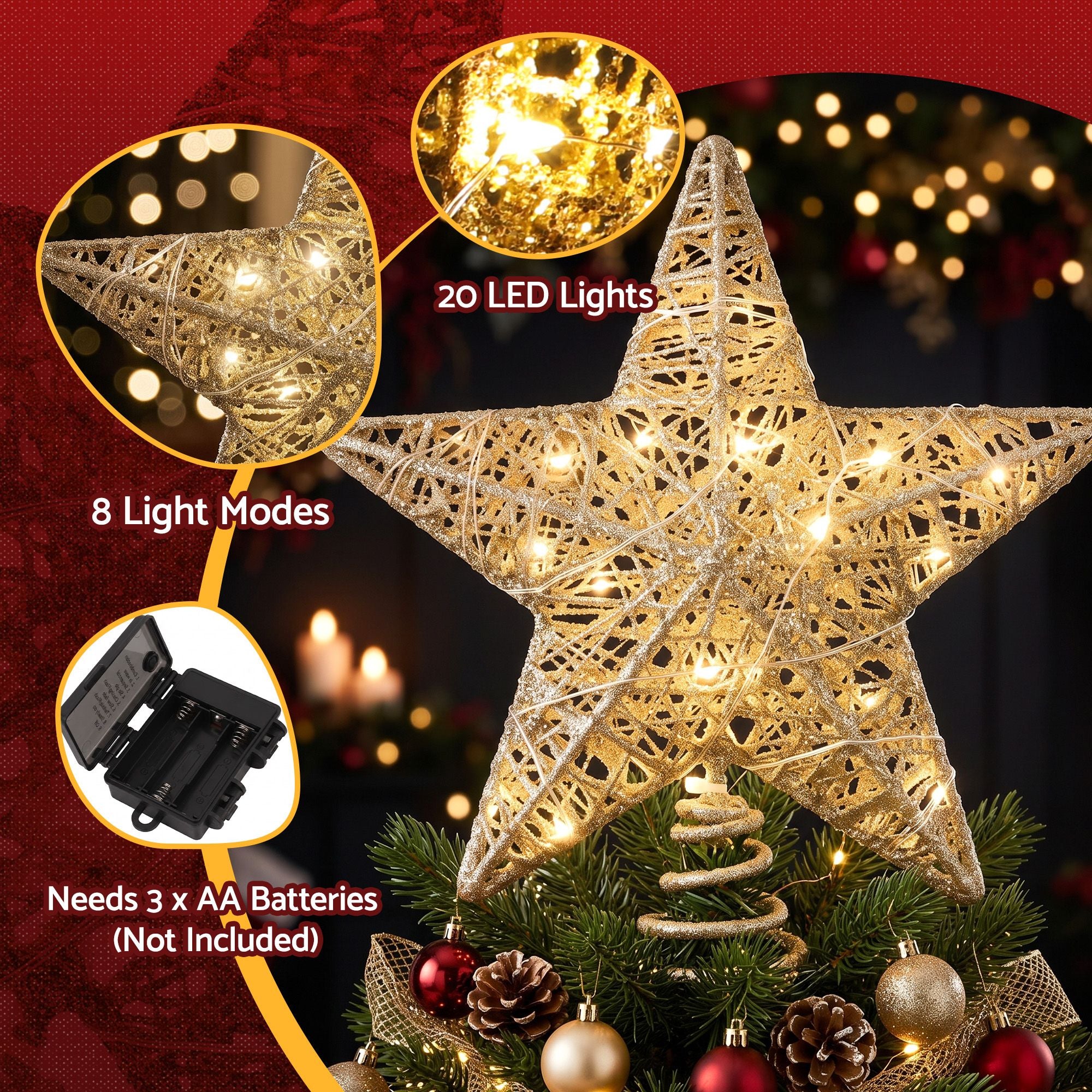 23CM 3D Gold Christmas Tree Topper Star with 20 LED