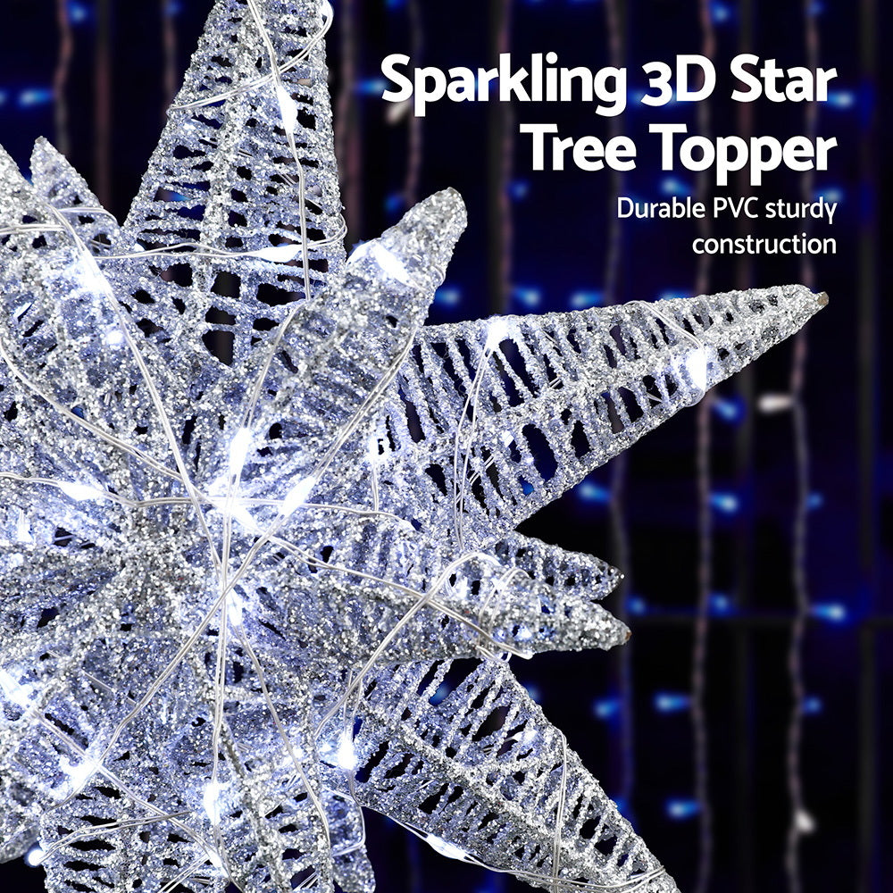 3D Christmas Tree Topper Star – 60 White LED Lights Silver