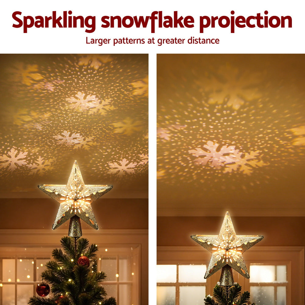 Christmas Tree Topper Star – Gold Glitter Snowflake Projector