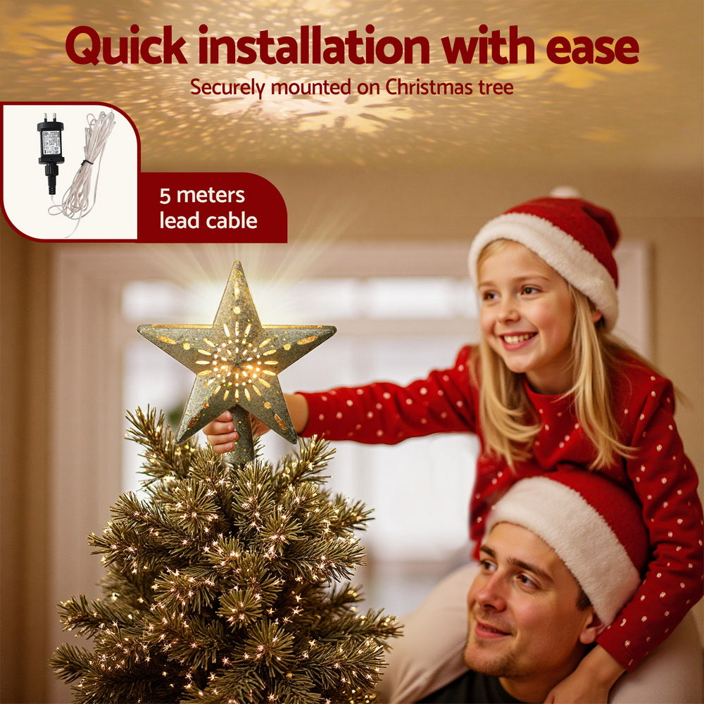 Christmas Tree Topper Star – Gold Glitter Snowflake Projector