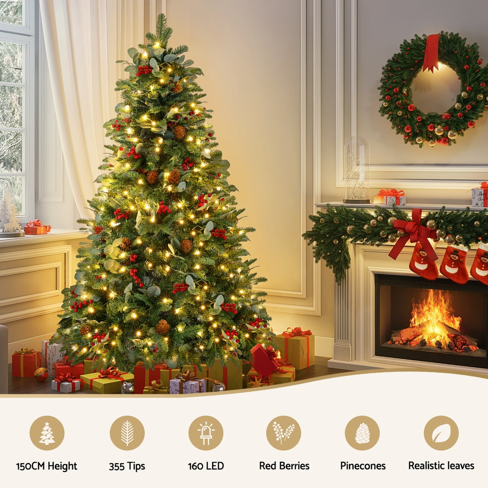 5FT Pre-Lit Christmas Tree with Pinecones, Red Berries & 160 Warm White LEDs