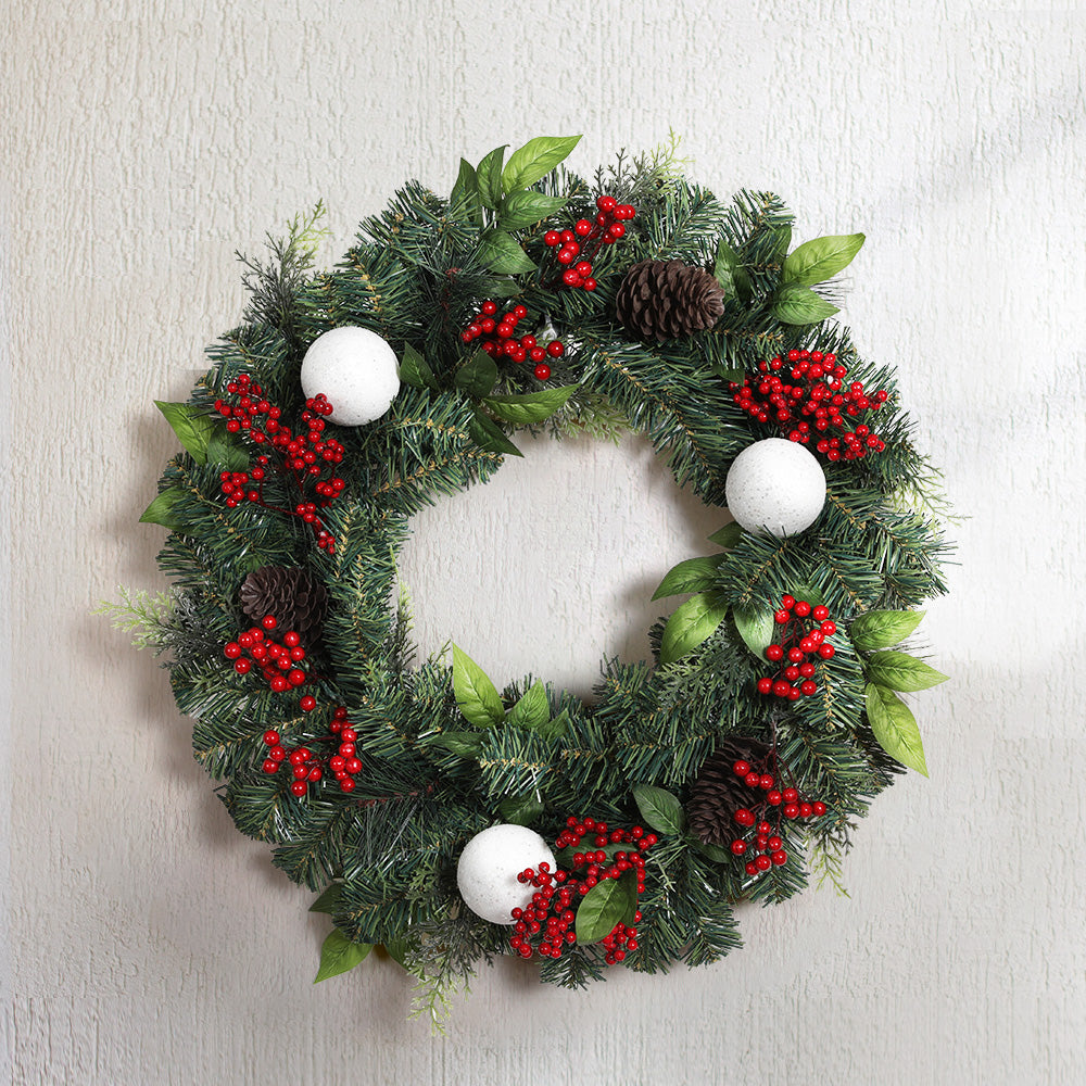60CM Christmas Wreath – Red Berries, Pinecones & Baubles