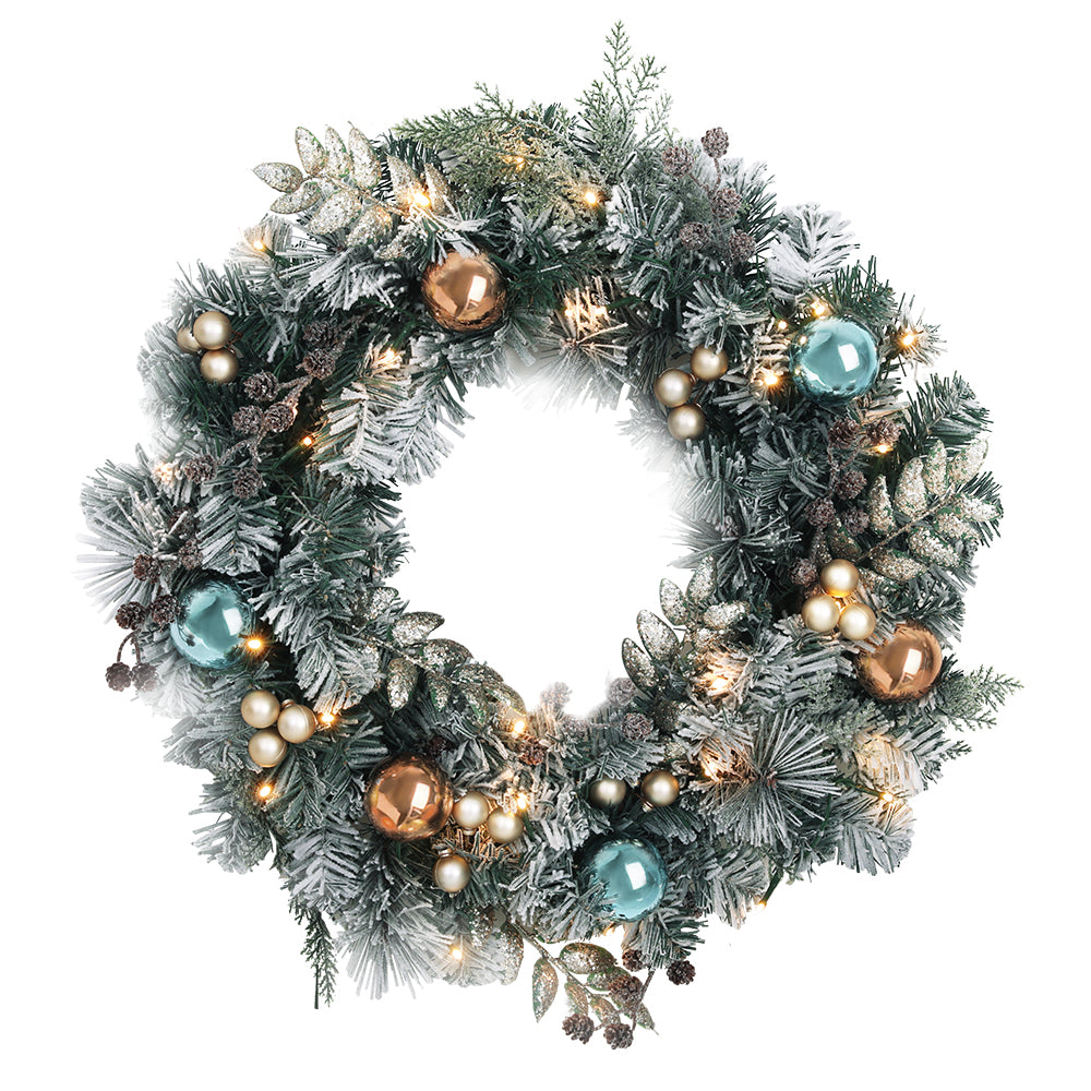60CM Pre-Lit Snow-Frosted Christmas Wreath with Pine Cones & Baubles