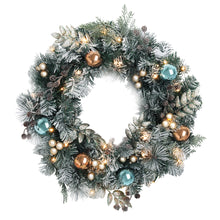 60CM Pre-Lit Snow-Frosted Christmas Wreath with Pine Cones & Baubles