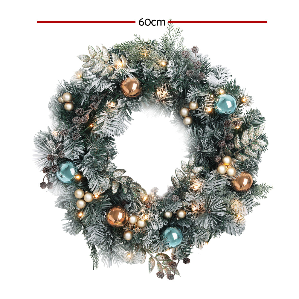 60CM Pre-Lit Snow-Frosted Christmas Wreath with Pine Cones & Baubles