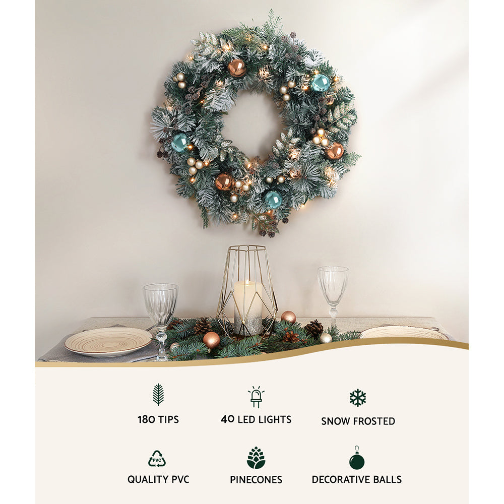 60CM Pre-Lit Snow-Frosted Christmas Wreath with Pine Cones & Baubles