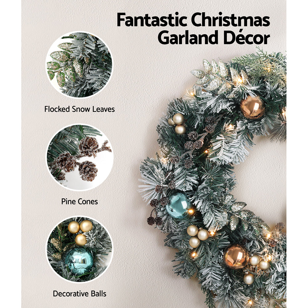 60CM Pre-Lit Snow-Frosted Christmas Wreath with Pine Cones & Baubles