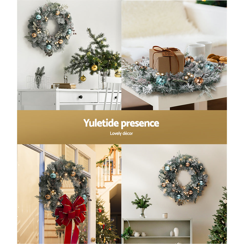 60CM Pre-Lit Snow-Frosted Christmas Wreath with Pine Cones & Baubles