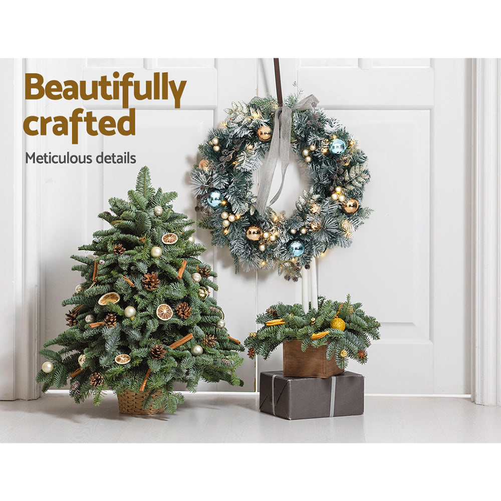 60CM Pre-Lit Snow-Frosted Christmas Wreath with Pine Cones & Baubles