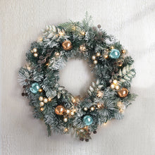 60CM Pre-Lit Snow-Frosted Christmas Wreath – 40 Warm White LEDs, Pine Cones & Baubles