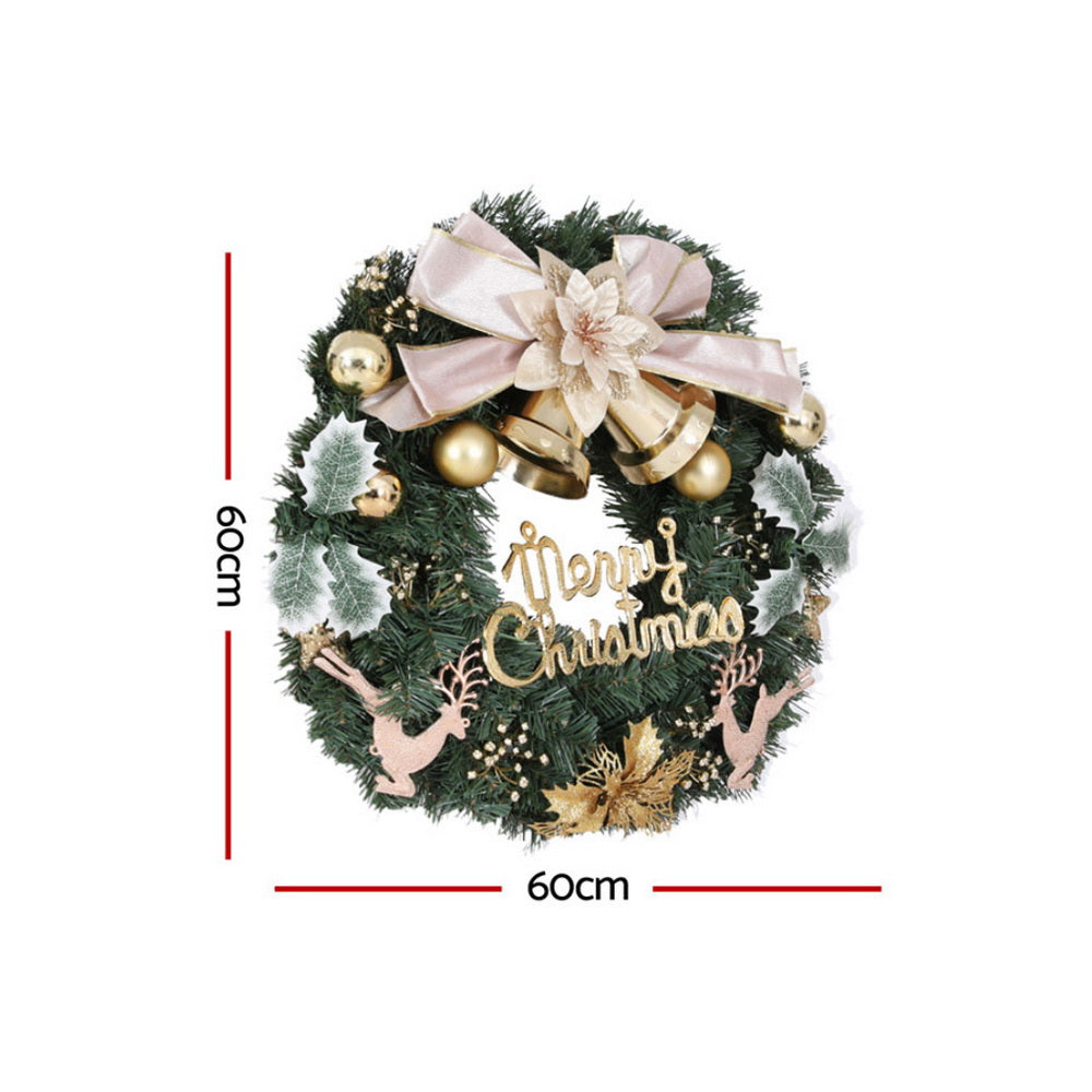 60CM Christmas Wreath with Gold Bow, Flowers & Merry Christmas Sign