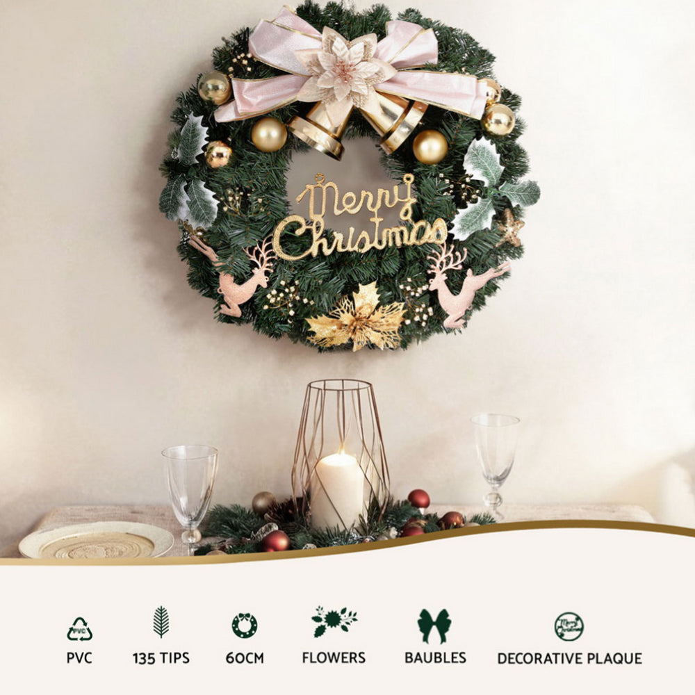 60CM Christmas Wreath with Gold Bow, Flowers & Merry Christmas Sign