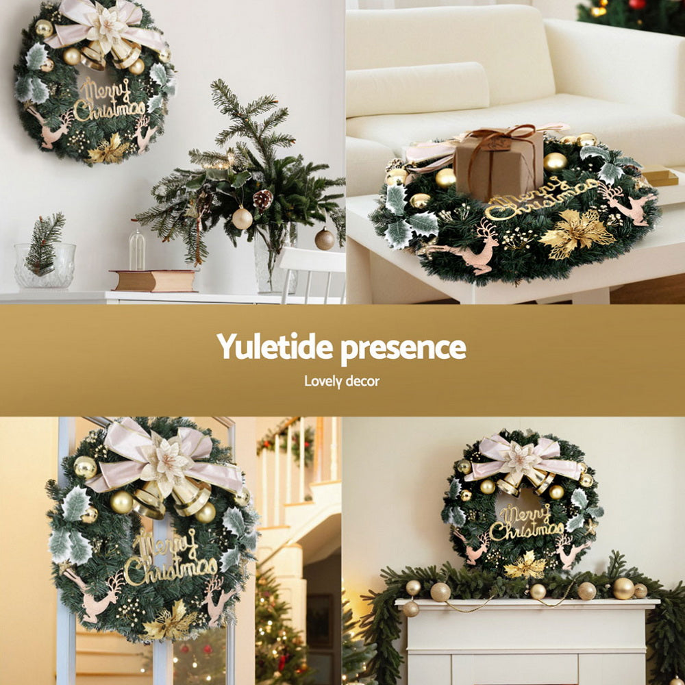 60CM Christmas Wreath with Gold Bow, Flowers & Merry Christmas Sign