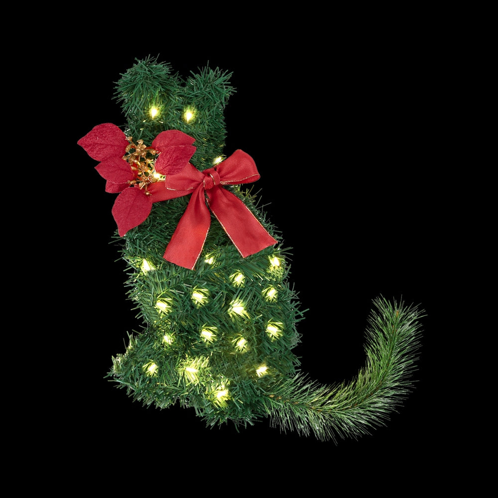 35CM Pre-Lit Cat Christmas Wreath with Bow & Poinsettia
