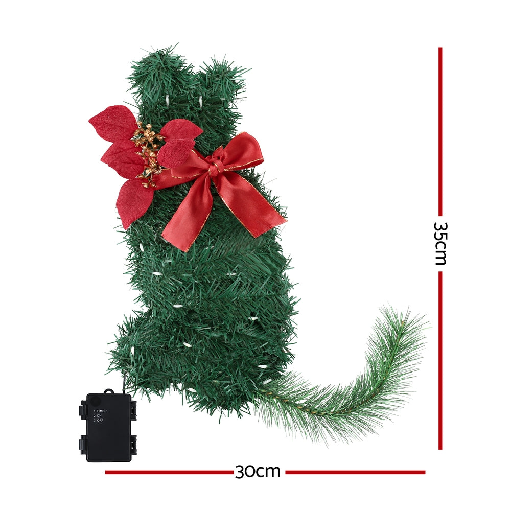 35CM Pre-Lit Cat Christmas Wreath with Bow & Poinsettia