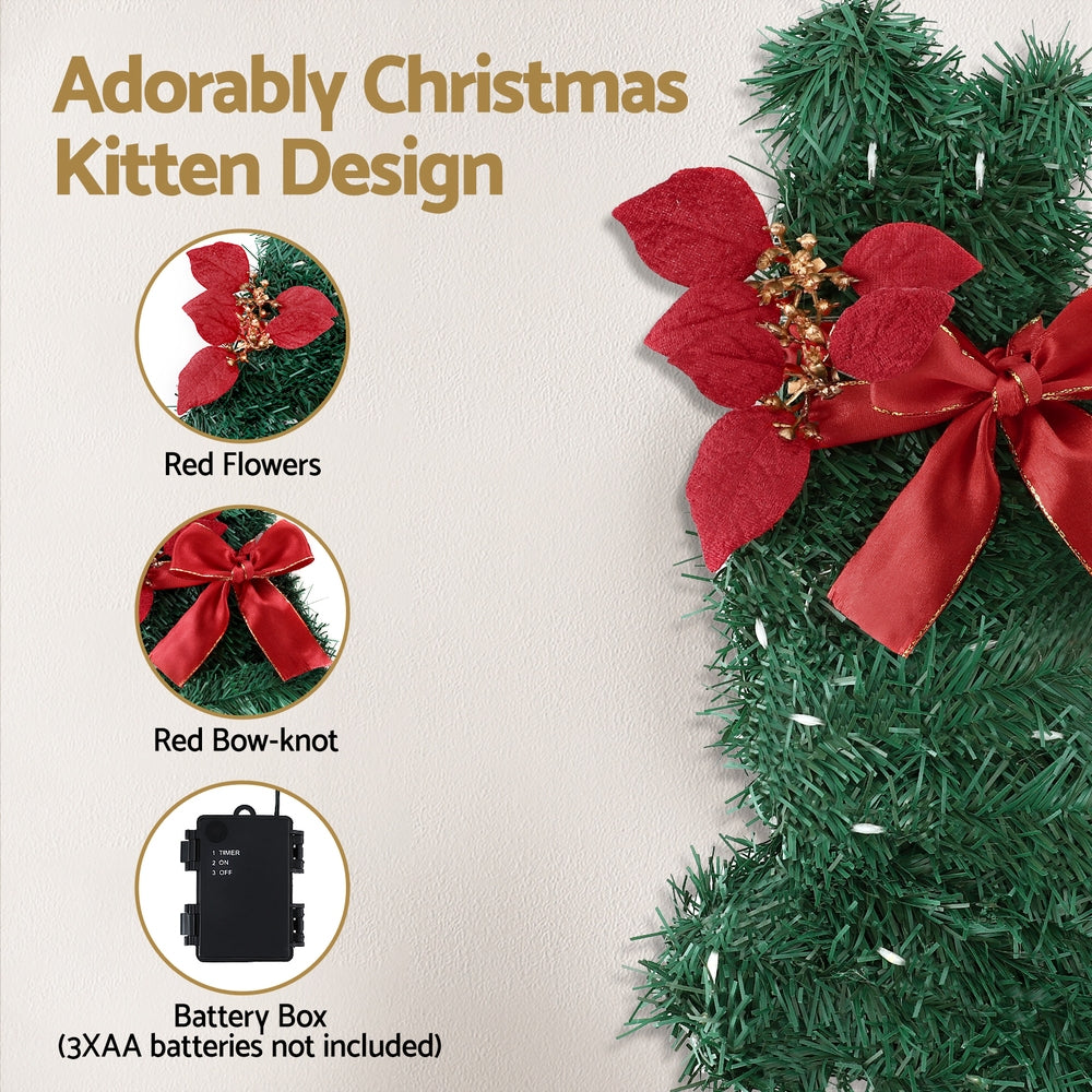 35CM Pre-Lit Cat Christmas Wreath with Bow & Poinsettia