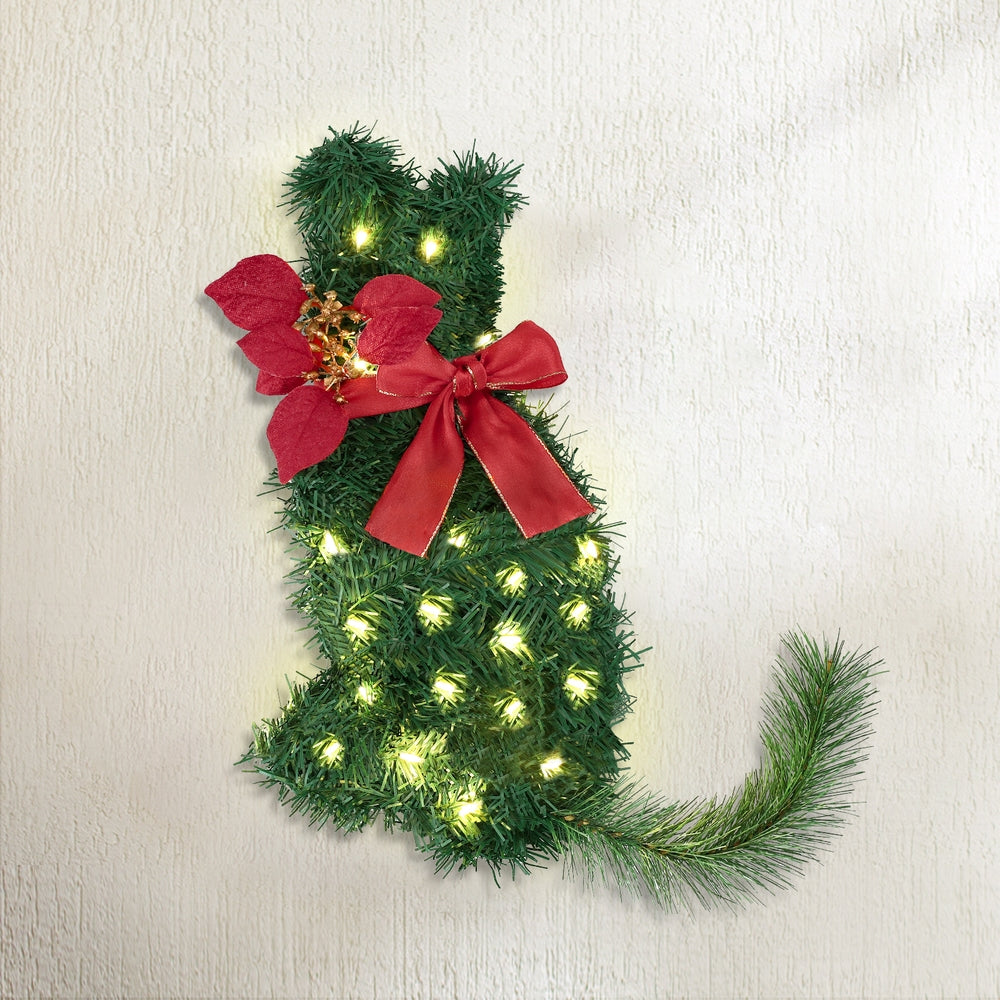 35CM Pre-Lit Cat Christmas Wreath with Bow & Poinsettia