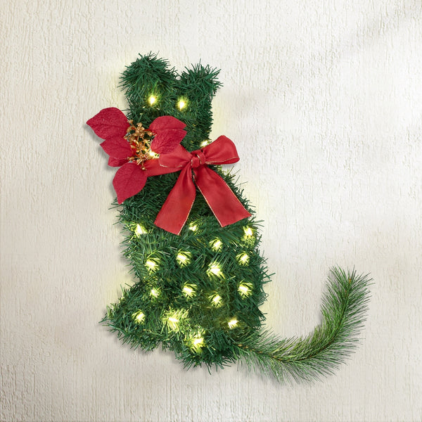 35CM Pre-Lit Cat Christmas Wreath with Bow & Poinsettia
