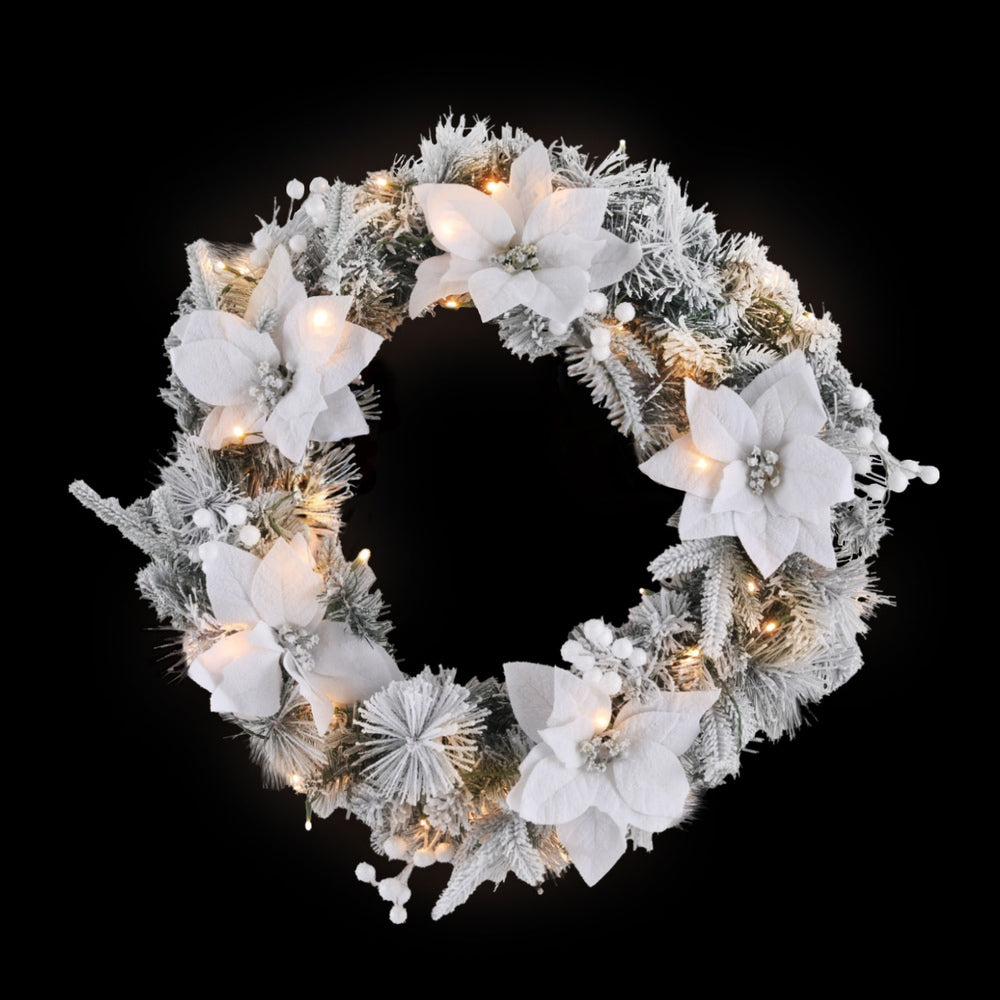 60CM Pre-Lit Snow Flocked Christmas Wreath with Flowers & White Berries