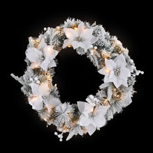 60CM Pre-Lit Snow Flocked Christmas Wreath with Flowers & White Berries