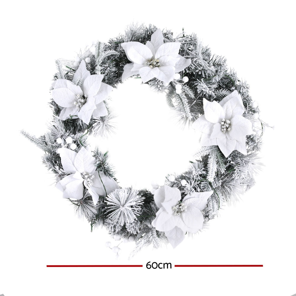 60CM Pre-Lit Snow Flocked Christmas Wreath with Flowers & White Berries