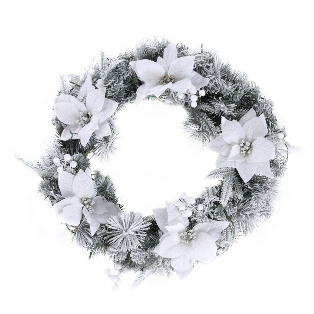 60CM Pre-Lit Snow Flocked Christmas Wreath with Flowers & White Berries