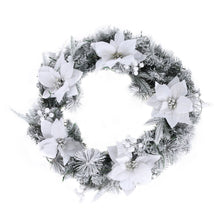 60CM Pre-Lit Snow Flocked Christmas Wreath with Flowers & White Berries