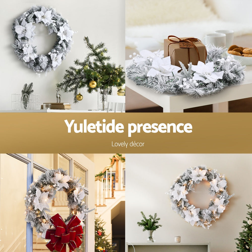 60CM Pre-Lit Snow Flocked Christmas Wreath with Flowers & White Berries