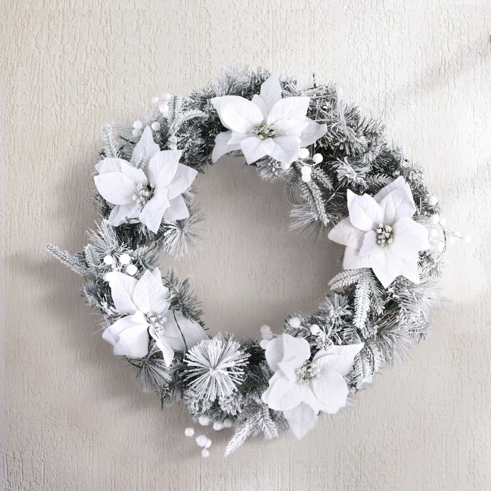 60CM Pre-Lit Snow-Flocked Christmas Wreath – 50 Warm White LEDs, Flowers & White Berries