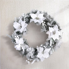 60CM Pre-Lit Snow-Flocked Christmas Wreath – 50 Warm White LEDs, Flowers & White Berries