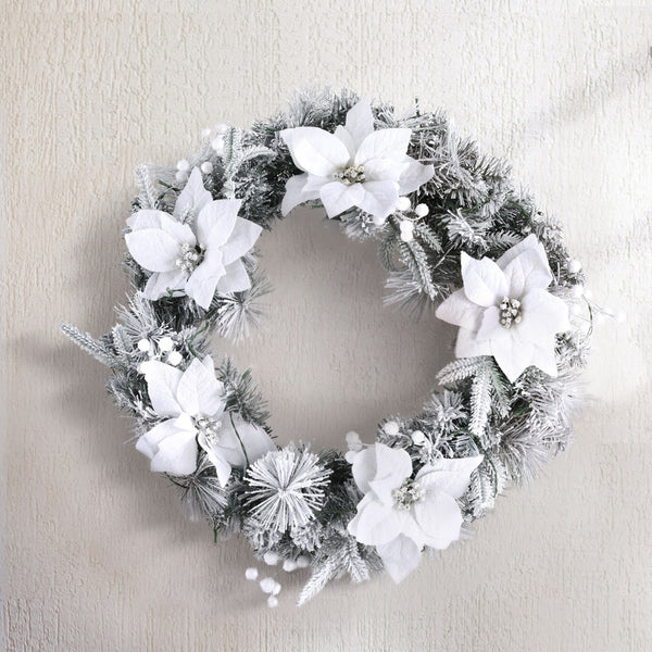 60CM Pre-Lit Snow-Flocked Christmas Wreath – 50 Warm White LEDs, Flowers & White Berries