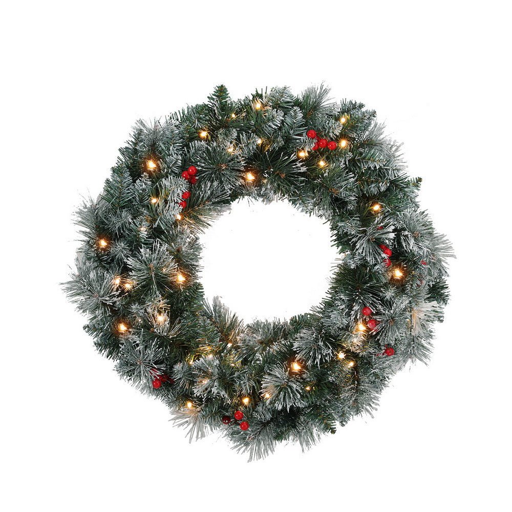 60CM Pre-Lit Snow Frosted Christmas Wreath with Red Berries & Pinecones