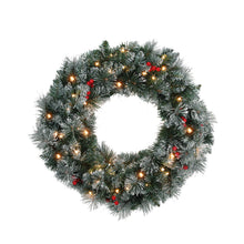 60CM Pre-Lit Snow Frosted Christmas Wreath with Red Berries & Pinecones
