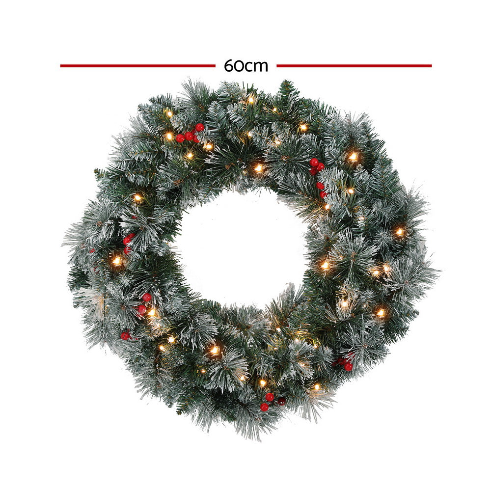 60CM Pre-Lit Snow Frosted Christmas Wreath with Red Berries & Pinecones